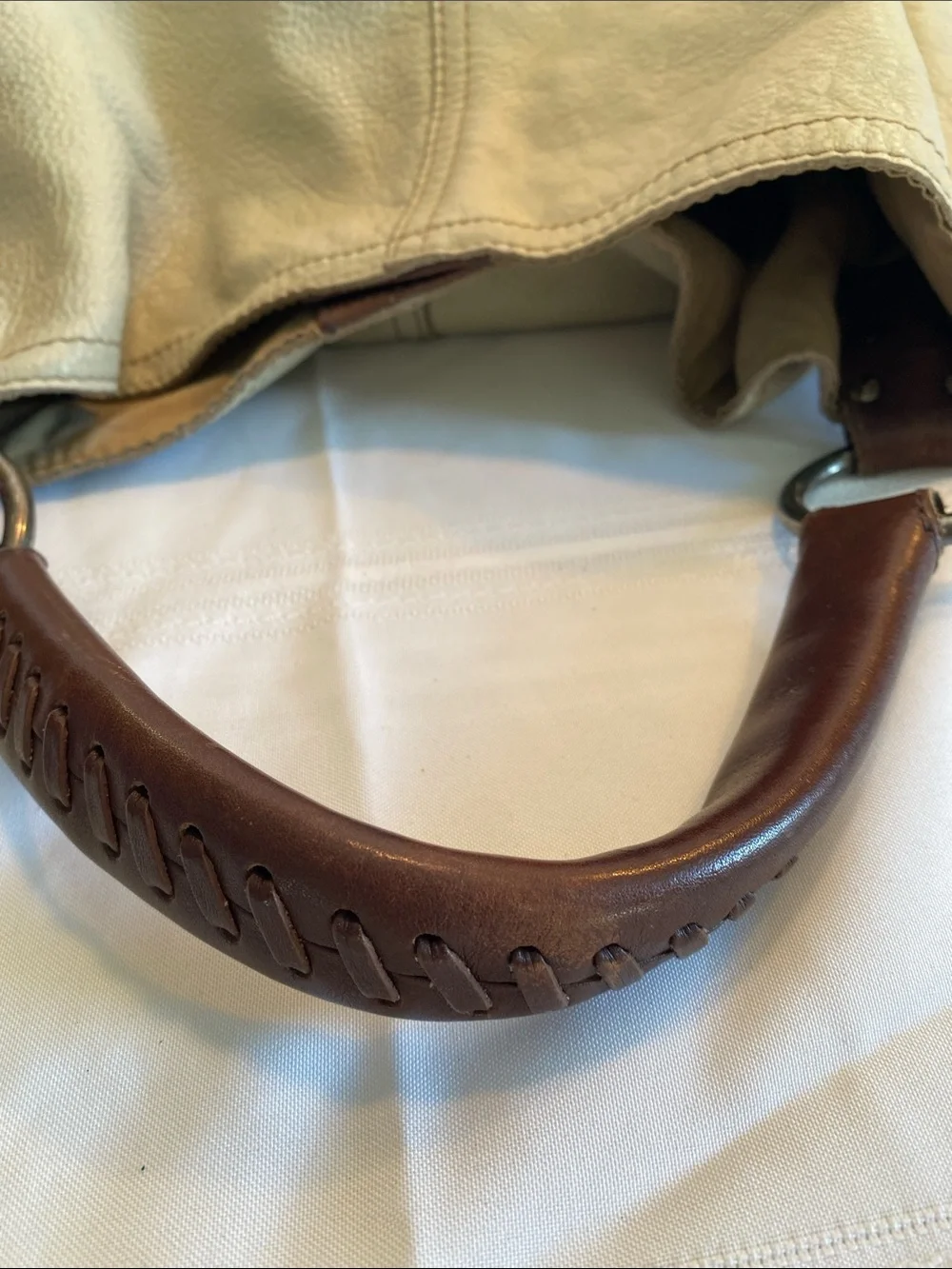 Lucky Brand Leather Hobo Shoulder Bag in Cream with Brown Handle